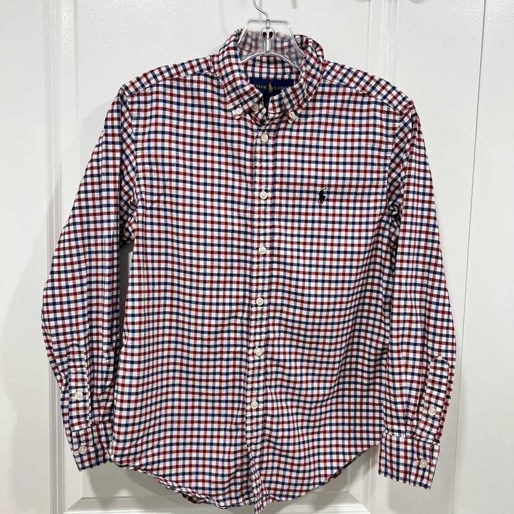 Ralph Lauren Boys Red Blue Gingham Plaid Button Down Shirt Size 14